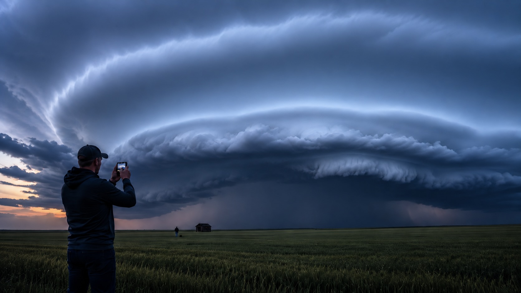Trained SKYWARN storm spotter documenting an approaching supercell at sunset