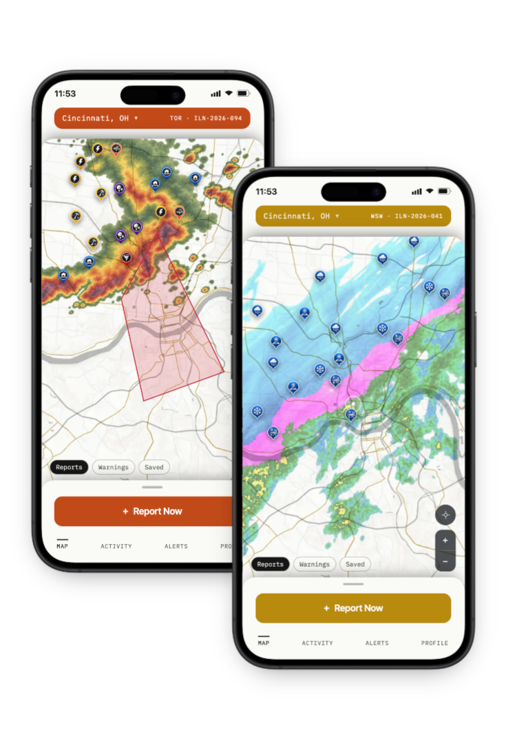 Aviso app showing radar and hazard reports on two phone screens